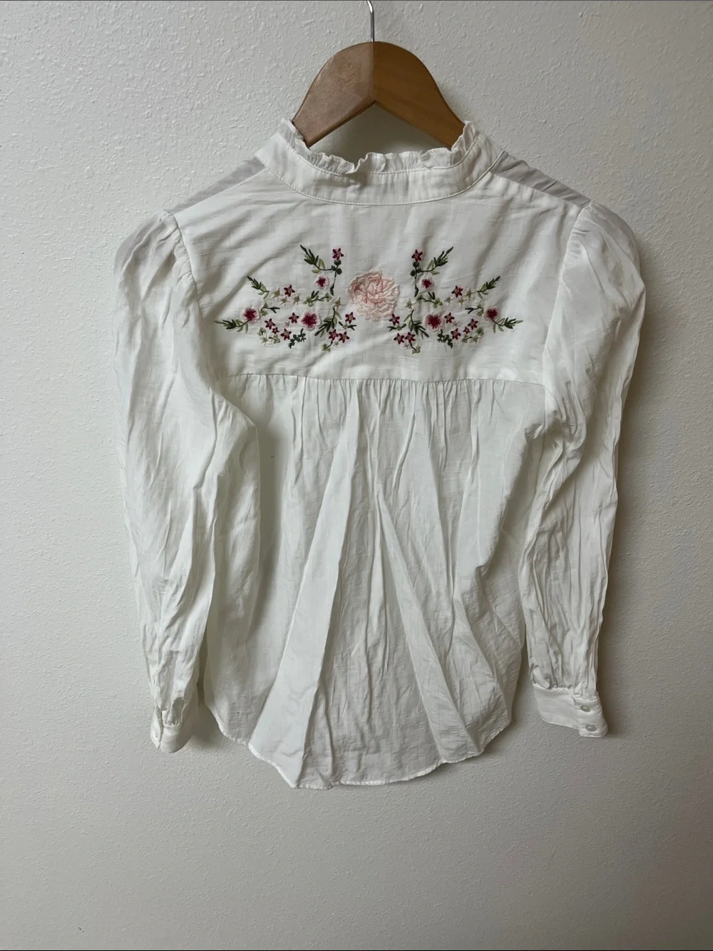 FRNCH White Button-Down Blouse with Ruffle Neck and embroidered detail